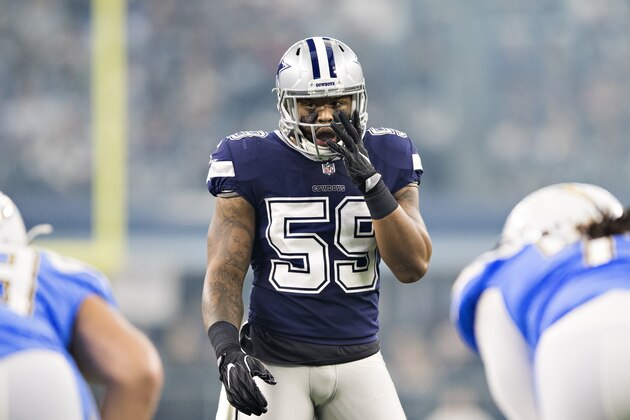 ARLINGTON, TX - NOVEMBER 23: Anthony Hitchens #59 of the Dallas Cowboys looks over the offense at the line of scrimmage during a game against the Los Angeles Chargers at AT&T Stadium on November 23, 2017 in Arlington, Texas. The Chargers defeated the Cowboys 28-6. (Photo by Wesley Hitt/Getty Images) ARLINGTON, TX - NOVEMBER 23: Anthony Hitchens #59 of the Dallas Cowboys looks over the offense at the line of scrimmage during a game against the Los Angeles Chargers at AT&T Stadium on November 23, 2017 in Arlington, Texas. The Chargers defeated the Cowboys 28-6. (Photo by Wesley Hitt/Getty Images)