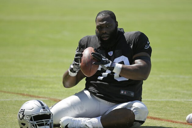 Oakland Raiders defensive tackle Justin Ellis during an NFL football training camp Monday, July 31, 2017, in Napa, Calif. (AP Photo/Eric Risberg)