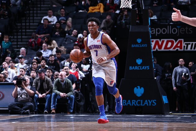 BROOKLYN, NY - JANUARY 10:  Stanley Johnson #7 of the Detroit Pistons handles the ball against the Brooklyn Nets on January 10, 2018 at Barclays Center in Brooklyn, New York. NOTE TO USER: User expressly acknowledges and agrees that, by downloading and or using this Photograph, user is consenting to the terms and conditions of the Getty Images License Agreement. Mandatory Copyright Notice: Copyright 2018 NBAE (Photo by Nathaniel S. Butler/NBAE via Getty Images)