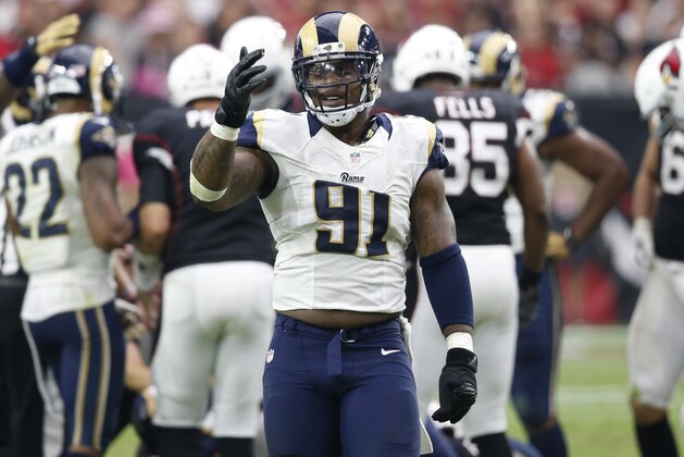 Los Angeles Rams defensive tackle Dominique Easley (91) celebreats a turnover against the Arizona Cardinals during the second half of an NFL football game, Sunday, Oct. 2, 2016, in Glendale, Ariz. (AP Photo/Ross D. Franklin)