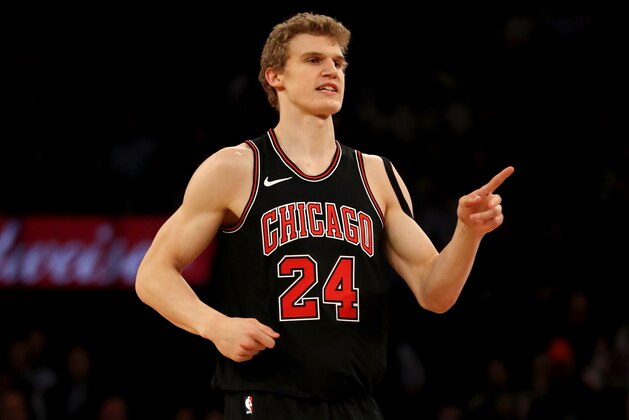 NEW YORK, NY - JANUARY 10:  Lauri Markkanen #24 of the Chicago Bulls celebrates his three point shot in the first half against the New York Knicks at Madison Square Garden on January 10, 2018 in New York City. NOTE TO USER: User expressly acknowledges and agrees that, by downloading and or using this Photograph, user is consenting to the terms and conditions of the Getty Images License Agreement  (Photo by Elsa/Getty Images)