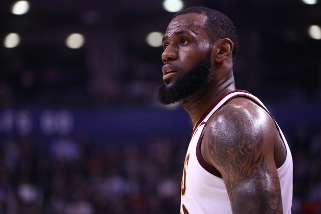TORONTO, CANADA - JANUARY 11: LeBron James #23 of the Cleveland Cavaliers looks on during the game against the Toronto Raptors on January 11, 2018 at the Air Canada Centre in Toronto, Ontario, Canada.  NOTE TO USER: User expressly acknowledges and agrees that, by downloading and or using this Photograph, user is consenting to the terms and conditions of the Getty Images License Agreement.  Mandatory Copyright Notice: Copyright 2018 NBAE (Photo by Nathaniel S. Butler/NBAE via Getty Images)