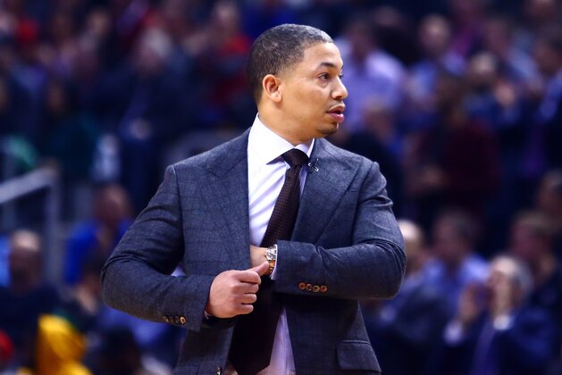 TORONTO, ON - JANUARY 11:  Head Coach Tyronn Lue of the Cleveland Cavaliers looks on during the first half of an NBA game against the Toronto Raptors at Air Canada Centre on January 11, 2018 in Toronto, Canada.  NOTE TO USER: User expressly acknowledges and agrees that, by downloading and or using this photograph, User is consenting to the terms and conditions of the Getty Images License Agreement.  (Photo by Vaughn Ridley/Getty Images)