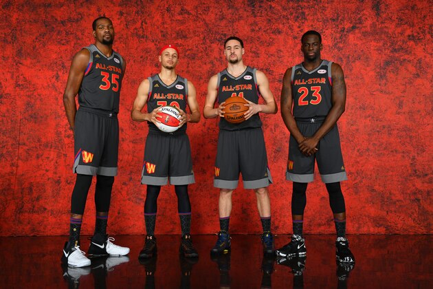 NEW ORLEANS, LA - FEBRUARY 19:  Kevin Durant #35, Stephen Curry #30, Klay Thompson #11 and Draymond Green #23 of the of the Western Conference All-Star Team pose for a portrait during the NBA All-Star Game as part of 2017 All-Star Weekend at the Smoothie King Center on February 19, 2017 in New Orleans, Louisiana. NOTE TO USER: User expressly acknowledges and agrees that, by downloading and/or using this photograph, user is consenting to the terms and conditions of the Getty Images License Agreement.  Mandatory Copyright Notice: Copyright 2017 NBAE (Photo by Jesse D. Garrabrant/NBAE via Getty Images)