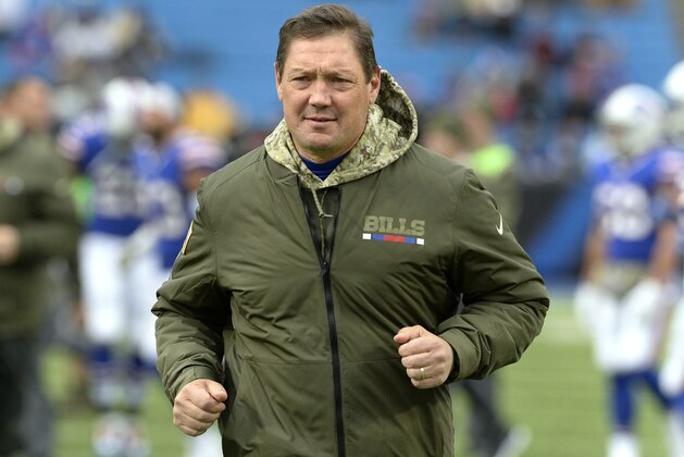 Buffalo Bills offensive coordinator Rick Dennison on the field prior to an NFL football game, Sunday, Nov. 12, 2017, in Orchard Park, N.Y. (AP Photo/Adrian Kraus)