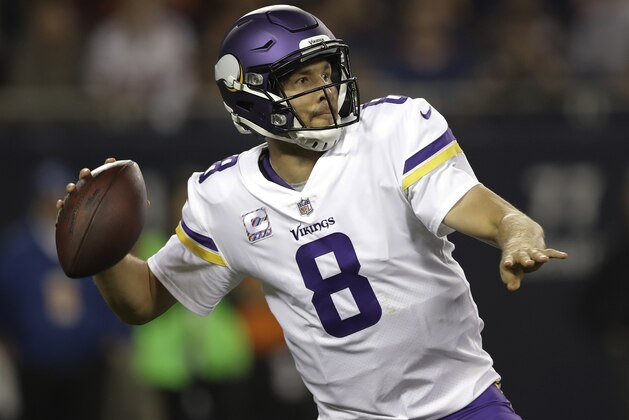 Minnesota Vikings quarterback Sam Bradford (8) throws a pass during the first half of an NFL football game against the Chicago Bears, Monday, Oct. 9, 2017, in Chicago. (AP Photo/Darron Cummings)