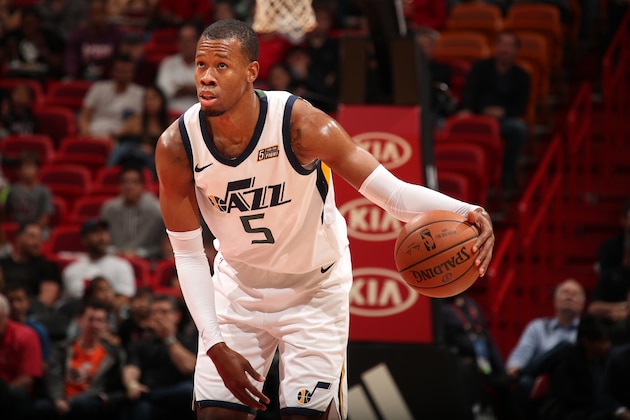 MIAMI, FL - JANUARY 7: Rodney Hood #5 of the Utah Jazz dribbles the ball during the game against the Miami Heat on January 7, 2018 at American Airlines Arena in Miami, Florida. NOTE TO USER: User expressly acknowledges and agrees that, by downloading and or using this photograph, user is consenting to the terms and conditions of the Getty Images License Agreement. Mandatory Copyright Notice: Copyright 2018 NBAE (Photo by Issac Baldizon/NBAE via Getty Images)