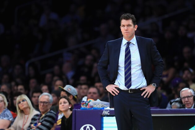 LOS ANGELES, CA - JANUARY 09:  Head coach Luke Walton of the Los Angeles Lakers looks on during the second half of a game against the Sacramento Kings at Staples Center on January 9, 2018 in Los Angeles, California.   NOTE TO USER: User expressly acknowledges and agrees that, by downloading and or using this photograph, User is consenting to the terms and conditions of the Getty Images License Agreement.  (Photo by Sean M. Haffey/Getty Images)