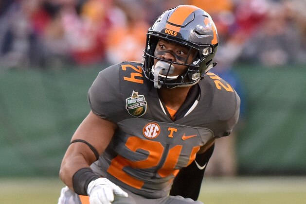 NASHVILLE, TN - DECEMBER 30:  Todd Kelly Jr. #24 of the University of Tennessee Volunteers plays against the Nebraska Cornhuskers during the Franklin American Mortgage Music City Bowl at Nissan Stadium on December 30, 2016 in Nashville, Tennessee.  (Photo by Frederick Breedon/Getty Images)
