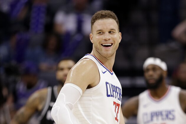 Los Angeles Clippers forward Blake Griffin smiles during the second half of an NBA basketball game against the Sacramento Kings, Thursday, Jan. 11, 2018, in Sacramento, Calif. The Clippers won 121-115. (AP Photo/Rich Pedroncelli)