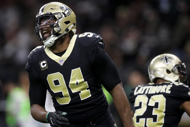 NEW ORLEANS, LA - JANUARY 07:  Cameron Jordan #94 of the New Orleans Saints reacts after a sack during the game against the Carolina Panthers at the Mercedes-Benz Superdome on January 7, 2018 in New Orleans, Louisiana.  (Photo by Chris Graythen/Getty Images)