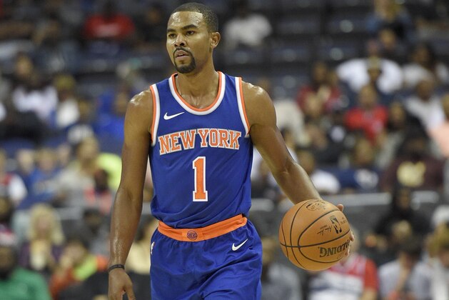 New York Knicks guard Ramon Sessions (1) dribbles during the first half of an preseason NBA basketball game against the Washington Wizards, Friday, Oct. 6, 2017, in Washington. (AP Photo/Nick Wass)