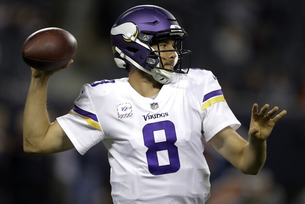 Minnesota Vikings quarterback Sam Bradford (8) warms up before an NFL football game against the Chicago Bears, Monday, Oct. 9, 2017, in Chicago. (AP Photo/Darron Cummings)