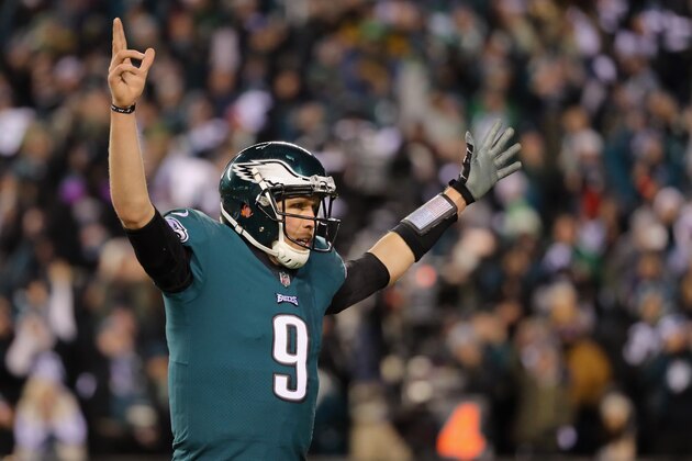 PHILADELPHIA, PA - JANUARY 13:  Nick Foles #9 of the Philadelphia Eagles celebrates after LeGarrette Blount #29 scored a 1 yard touchdown against the Atlanta Falcons during the second quarter in the NFC Divisional Playoff game at Lincoln Financial Field on January 13, 2018 in Philadelphia, Pennsylvania.  (Photo by Abbie Parr/Getty Images)