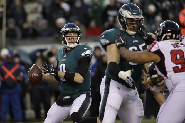 Philadelphia Eagles' Nick Foles in action during the first half of an NFL divisional playoff football game against the Atlanta Falcons, Saturday, Jan. 13, 2018, in Philadelphia. (AP Photo/Matt Rourke)