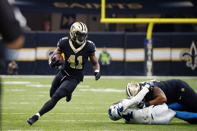 New Orleans Saints running back Alvin Kamara (41) carries in the first half of an NFL football game against the Carolina Panthers in New Orleans, Sunday, Jan. 7, 2018. (AP Photo/Butch Dill)