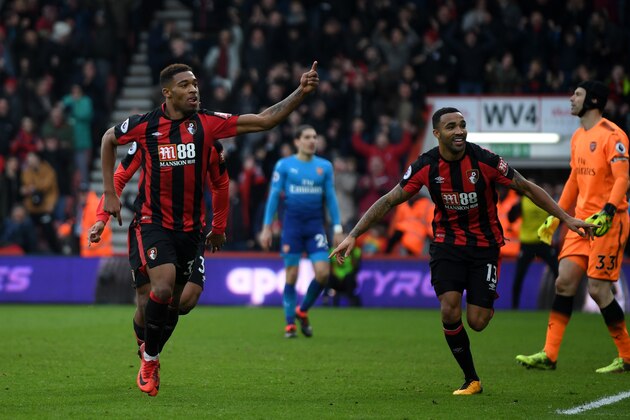 BOURNEMOUTH, ENGLAND - JANUARY 14:  Jordon Ibe of AFC Bournemouth (left) celebrates with team mate Callum Wilson after scoring the second AFC Bournemouth goal during the Premier League match between AFC Bournemouth and Arsenal at Vitality Stadium on January 14, 2018 in Bournemouth, England.  (Photo by Mike Hewitt/Getty Images)