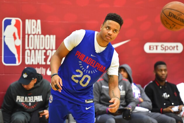 LONDON, ENGLAND - JANUARY 9: Markelle Fultz #20  of the Philadelphia 76ers looks on during practice as part of the 2018 NBA London Global Game at Citysport on January 9, 2018 in London, England. NOTE TO USER: User expressly acknowledges and agrees that, by downloading and/or using this Photograph, user is consenting to the terms and conditions of the Getty Images License Agreement. Mandatory Copyright Notice: Copyright 2018 NBAE (Photo by Jesse D. Garrabrant/NBAE via Getty Images)