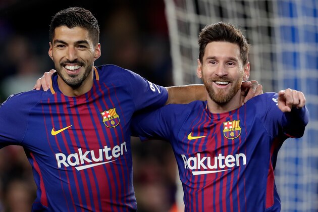 BARCELONA, SPAIN - JANUARY 11: Lionel Messi of FC Barcelona celebrates 1-0 with Luis Suarez of FC Barcelona during the Spanish Copa del Rey  match between FC Barcelona v Celta de Vigo at the Camp Nou on January 11, 2018 in Barcelona Spain (Photo by Laurens Lindhout/Soccrates/Getty Images)