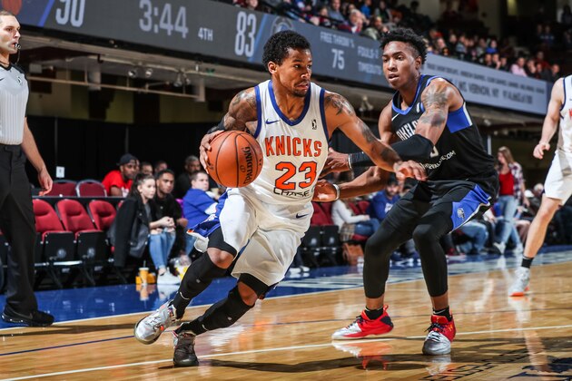 WESTCHESTER, NY - NOVEMBER 19: Trey Burke #23 of the Westchester Knicks drives to the basket against the Lakeland Magic during an NBA G-League game on November 19, 2017 at Westchester County Center in Westchester, New York. NOTE TO USER: User expressly acknowledges and agrees that, by downloading and or using this photograph, User is consenting to the terms and conditions of the Getty Images License Agreement. Mandatory Copyright Notice: Copyright 2017 NBAE (Photo by Michael J. Le Brecht II/NBAE via Getty Images)