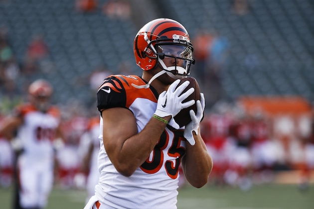 Cincinnati Bengals tight end Tyler Eifert practices before an NFL football game against the Tampa Bay Buccaneers, Friday, Aug. 11, 2017, in Cincinnati. (AP Photo/Frank Victores)
