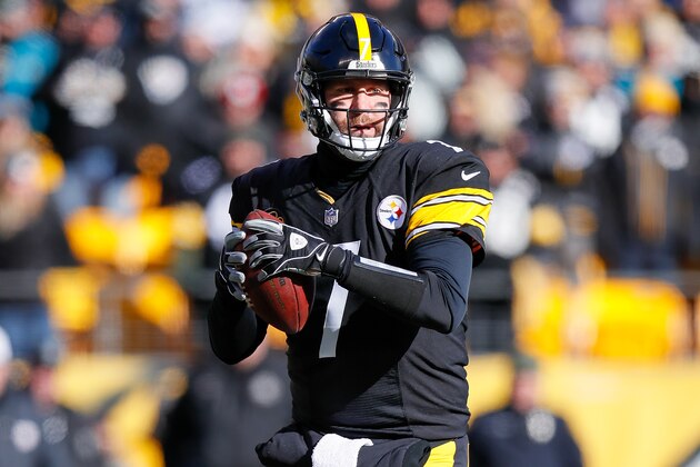 PITTSBURGH, PA - JANUARY 14:  Ben Roethlisberger #7 of the Pittsburgh Steelers looks to pass against the Jacksonville Jaguars during the first half of the AFC Divisional Playoff game at Heinz Field on January 14, 2018 in Pittsburgh, Pennsylvania.  (Photo by Kevin C. Cox/Getty Images)