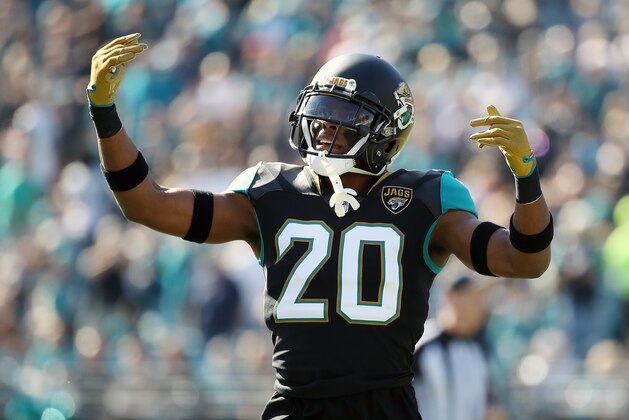 JACKSONVILLE, FL - DECEMBER 17:   Jalen Ramsey #20 of the Jacksonville Jaguars celebrates a play during the second half of their game against the Houston Texans at EverBank Field on December 17, 2017 in Jacksonville, Florida.  (Photo by Logan Bowles/Getty Images)