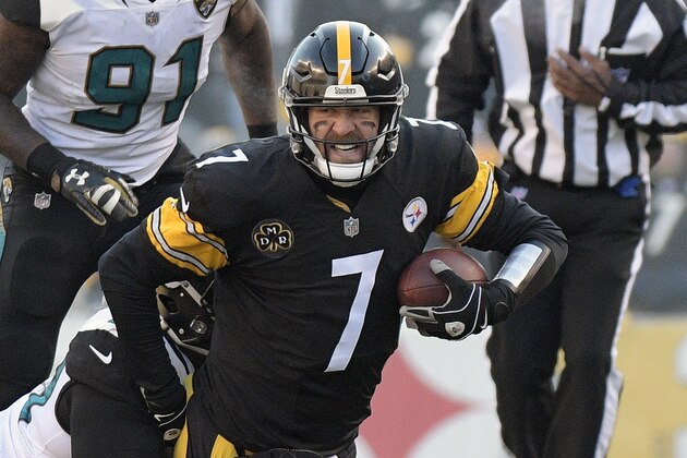 Pittsburgh Steelers quarterback Ben Roethlisberger (7) is brought down by Jacksonville Jaguars defensive tackle Marcell Dareus (99) during the first half of an NFL divisional football AFC playoff game in Pittsburgh, Sunday, Jan. 14, 2018. (AP Photo/Don Wright)