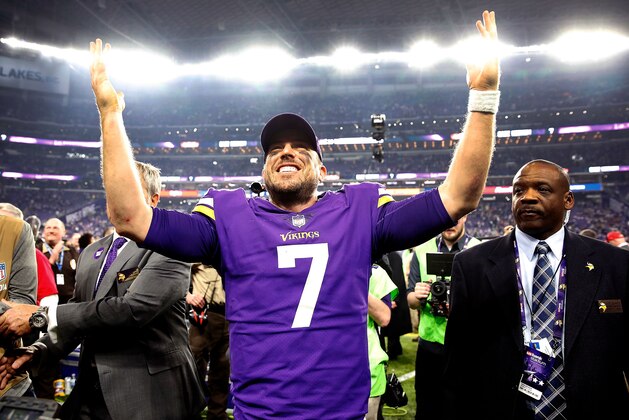 MINNEAPOLIS, MN - JANUARY 14:  Quarterback Case Keenum #7 of the Minnesota Vikings celebrates as he walks off the field after the Vikings defeated the New Orleans Saints 29-24 to win the NFC divisional round playoff game at U.S. Bank Stadium on January 14, 2018 in Minneapolis, Minnesota.  (Photo by Jamie Squire/Getty Images)