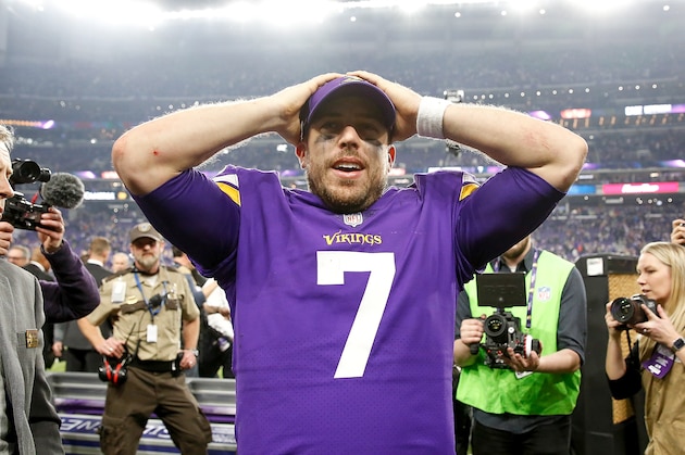 MINNEAPOLIS, MN - JANUARY 14:  Case Keenum #7 of the Minnesota Vikings celebrates after defeating the New Orleans Saints in the NFC Divisional Playoff game at U.S. Bank Stadium on January 14, 2018 in Minneapolis, Minnesota.  (Photo by Jamie Squire/Getty Images)