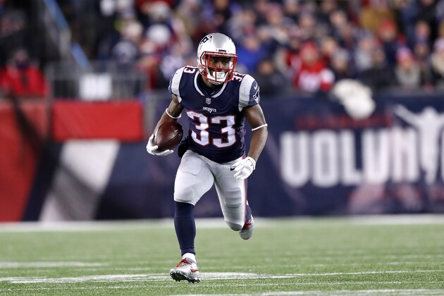 FOXBOROUGH, MA - JANUARY 13:  Dion Lewis #33 of the New England Patriots carries the ball in the second quarter of the AFC Divisional Playoff game against the Tennessee Titans at Gillette Stadium on January 13, 2018 in Foxborough, Massachusetts.  (Photo by Elsa/Getty Images)