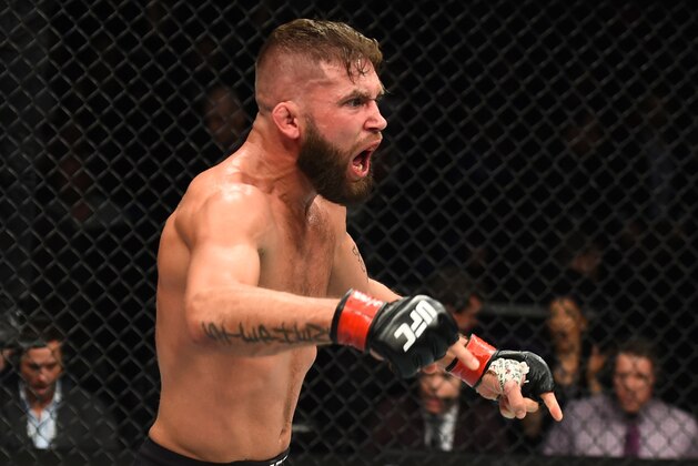 ST. LOUIS, MO - JANUARY 14:  Jeremy Stephens celebrates his TKO victory over Dooho Choi of South Korea in their featherweight bout during the UFC Fight Night event inside the Scottrade Center on January 14, 2018 in St. Louis, Missouri. (Photo by Josh Hedges/Zuffa LLC/Zuffa LLC via Getty Images)