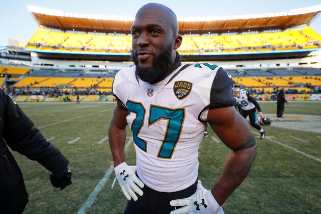 PITTSBURGH, PA - JANUARY 14:  Leonard Fournette #27 of the Jacksonville Jaguars reacts after defeating the Pittsburgh Steelers in the AFC Divisional Playoff game at Heinz Field on January 14, 2018 in Pittsburgh, Pennsylvania.  (Photo by Kevin C. Cox/Getty Images)