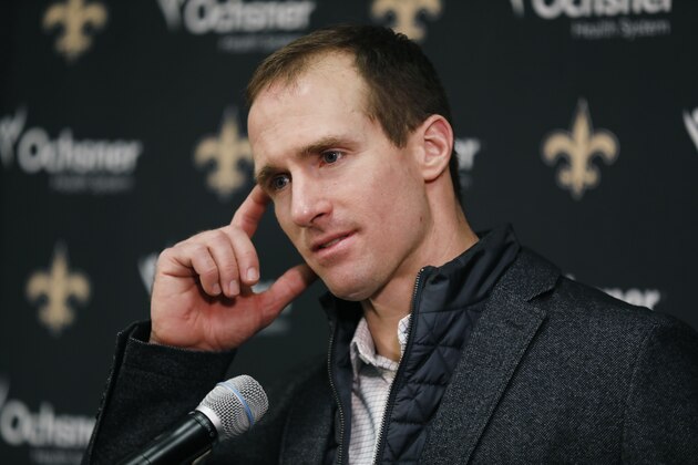New Orleans Saints quarterback Drew Brees takes part in a news conference following an NFL divisional football playoff game in Minneapolis, Sunday, Jan. 14, 2018. The Vikings defeated the Saints 29-24. (AP Photo/Charlie Neibergall)