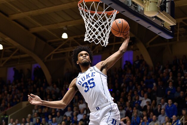DURHAM, NC - JANUARY 13:  Marvin Bagley III #35 of the Duke Blue Devils dunks against the Wake Forest Demon Deacons during their game at Cameron Indoor Stadium on January 13, 2018 in Durham, North Carolina.  (Photo by Grant Halverson/Getty Images)