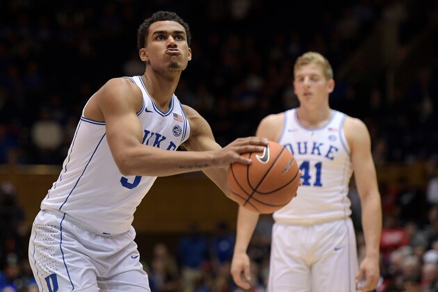DURHAM, NC - DECEMBER 05: Jordan Tucker #5 of the Duke Blue Devils concentrates at the free-throw line against the St. Francis (Pa) Red Flash at Cameron Indoor Stadium on December 5, 2017 in Durham, North Carolina. (Photo by Lance King/Getty Images)