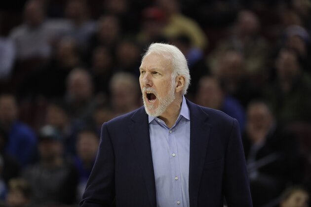 San Antonio Spurs' Gregg Popovich in a action during an NBA basketball game against the Philadelphia 76ers, Wednesday, Jan. 3, 2018, in Philadelphia. (AP Photo/Matt Slocum)