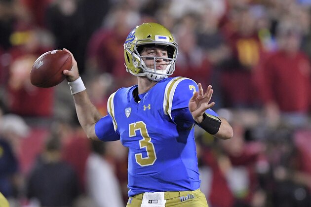 FILE - In this Saturday, Nov. 18, 2017 file photo, UCLA quarterback Josh Rosen passes during the first half of an NCAA college football game against Southern California in Los Angeles. UCLA quarterback Josh Rosen is skipping his senior season to enter the NFL draft.  Rosen made the expected announcement Wednesday, Jan. 3, 2018 with a post on Twitter. He is expected to be a high first-round pick in April. (AP Photo/Mark J. Terrill, File)