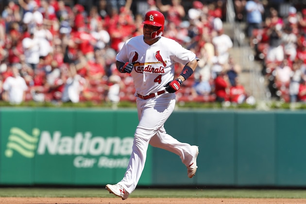 St. Louis Cardinals' Yadier Molina rounds the bases after hitting a three-run home run during the third inning of a baseball game against the Pittsburgh Pirates Sunday, Sept. 10, 2017, in St. Louis. (AP Photo/Jeff Roberson)