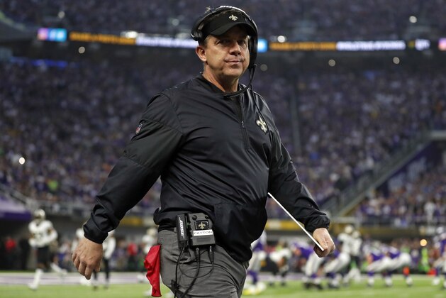 New Orleans Saints head coach Sean Payton paces the sideline during the first half of an NFL divisional football playoff game against the Minnesota Vikings in Minneapolis, Sunday, Jan. 14, 2018. (AP Photo/Jeff Roberson)