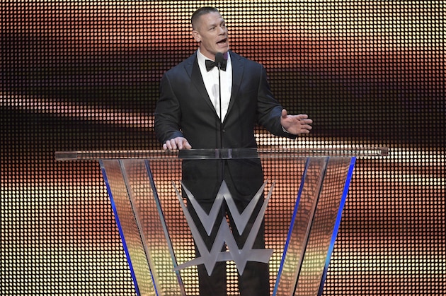 IMAGE DISTRIBUTED FOR WWE - John Cena inducts Kurt Angle into the WWE Hall of Fame as part of the WrestleMania 33 weekend during a ceremony on Friday, March 31, 2017, in Orlando, Fla. (Phelan M. Ebenhack/AP Images for WWE)