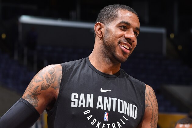LOS ANGELES, CA - JANUARY 11: LaMarcus Aldridge #12 of the San Antonio Spurs warms up before the game against the Los Angeles Lakers on January 11, 2018 at STAPLES Center in Los Angeles, California. NOTE TO USER: User expressly acknowledges and agrees that, by downloading and/or using this photograph, user is consenting to the terms and conditions of the Getty Images License Agreement. Mandatory Copyright Notice: Copyright 2018 NBAE (Photo by Andrew D. Bernstein/NBAE via Getty Images)