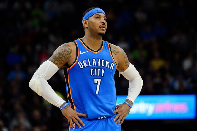 MINNEAPOLIS, MN - JANUARY 10: Carmelo Anthony #7 of the Oklahoma City Thunder looks on during the game against the Minnesota Timberwolves on January 10, 2018 at the Target Center in Minneapolis, Minnesota. NOTE TO USER: User expressly acknowledges and agrees that, by downloading and or using this Photograph, user is consenting to the terms and conditions of the Getty Images License Agreement. (Photo by Hannah Foslien/Getty Images)