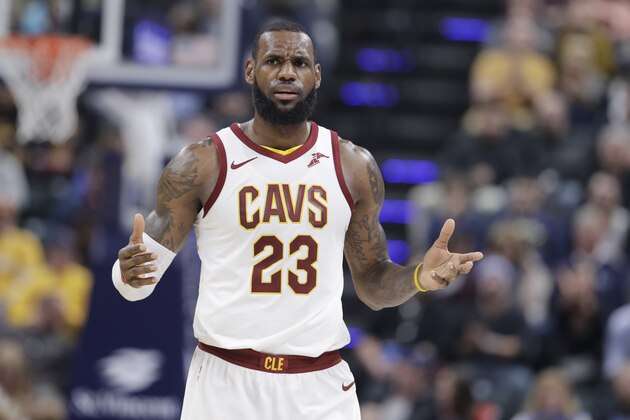 Cleveland Cavaliers' LeBron James argues a call during the first half of an NBA basketball game against the Indiana Pacers, Friday, Jan. 12, 2018, in Indianapolis. (AP Photo/Darron Cummings)