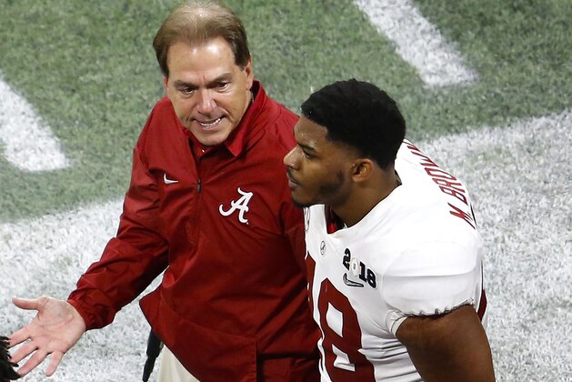 ATLANTA, GA - JANUARY 08:   Alabama head coach Nick Saban yells at linebacker Mekhi Brown #48 during the College Football Playoff National Championship game against the Georgia Bulldogs at Mercedes-Benz Stadium on January 8, 2018 in Atlanta, Georgia.  (Photo by Mike Zarrilli/Getty Images)