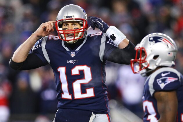 FOXBOROUGH, MA - JANUARY 13: Tom Brady #12 of the New England Patriots calls a play against the Tennessee Titans during the AFC Divisional Playoff game at Gillette Stadium on January 13, 2018 in Foxborough, Massachusetts. (Photo by Maddie Meyer/Getty Images)