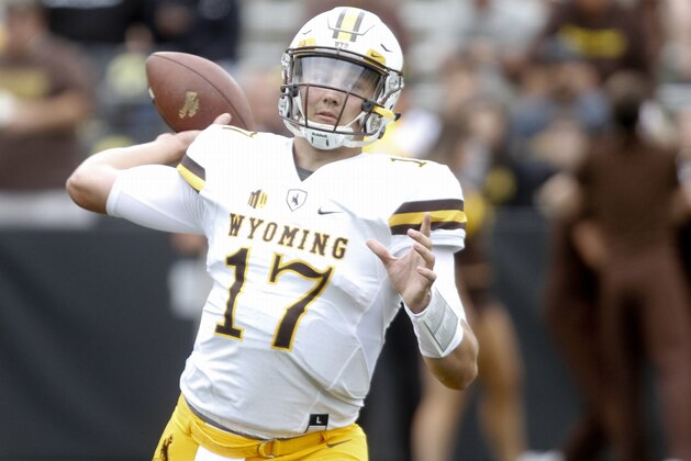 IOWA CITY, IOWA- SEPTEMBER 2:  Quarterback Josh Allen #17 of the Wyoming Cowboys warms up before the match-up against the Iowa Hawkeyes, on September 2, 2017 at Kinnick Stadium in Iowa City, Iowa.  (Photo by Matthew Holst/Getty Images)
