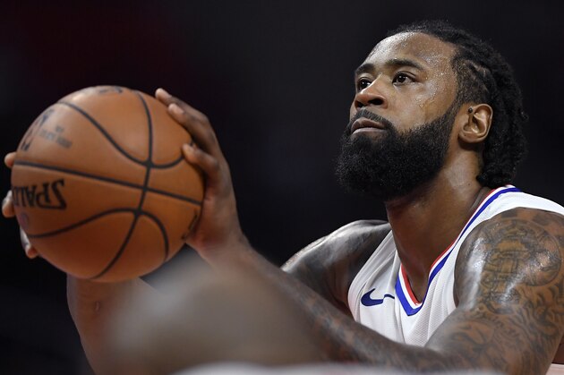Los Angeles Clippers center DeAndre Jordan shoots a free throw during the second half of a basketball game against the Atlanta Hawks, Monday, Jan. 8, 2018, in Los Angeles. The Clippers won 108-107. (AP Photo/Mark J. Terrill)