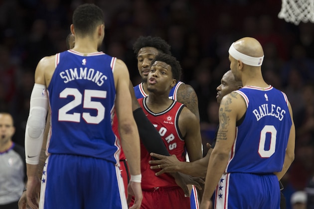 PHILADELPHIA, PA - JANUARY 15: Ben Simmons #25 of the Philadelphia 76ers argues with Kyle Lowry #7 of the Toronto Raptors in the final moments of the game at the Wells Fargo Center on January 15, 2018 in Philadelphia, Pennsylvania. The 76ers defeated the Raptors 117-111. NOTE TO USER: User expressly acknowledges and agrees that, by downloading and or using this photograph, User is consenting to the terms and conditions of the Getty Images License Agreement. (Photo by Mitchell Leff/Getty Images)