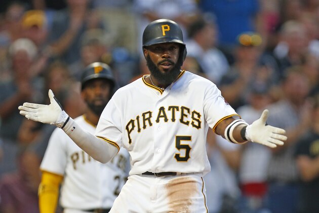 PITTSBURGH, PA - AUGUST 21:  Josh Harrison #5 of the Pittsburgh Pirates reacts after hitting a solo home run in the third inning against the Los Angeles Dodgers at PNC Park on August 21, 2017 in Pittsburgh, Pennsylvania.  (Photo by Justin K. Aller/Getty Images)